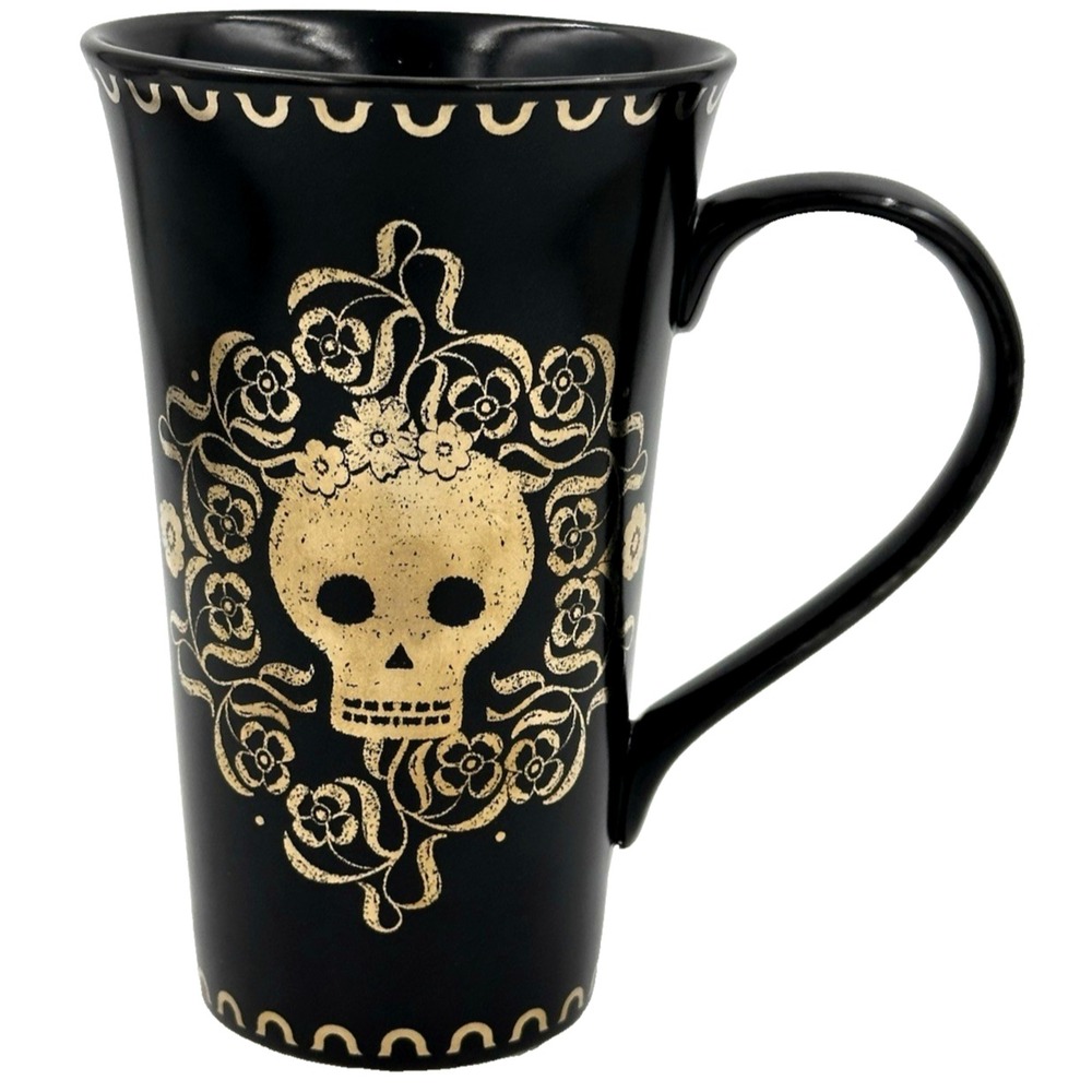 Skull Mug 16 oz Black Gold Gothic Halloween Tall Latte Coffee Cup 222 Fifth